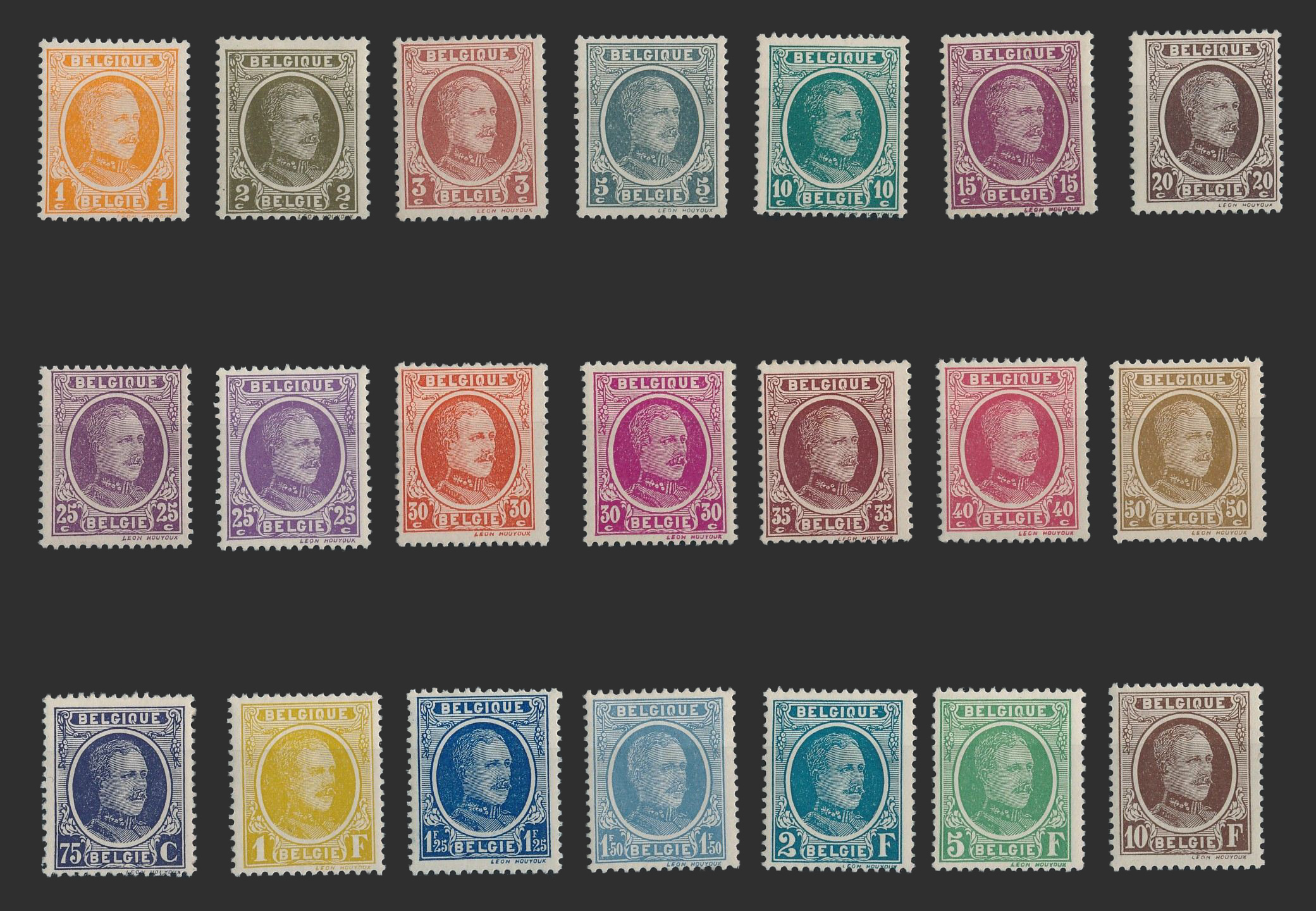 De Houyoux-postzegels: drie illustraties van de filatelistische reeks en een Houyoux-postkaart.